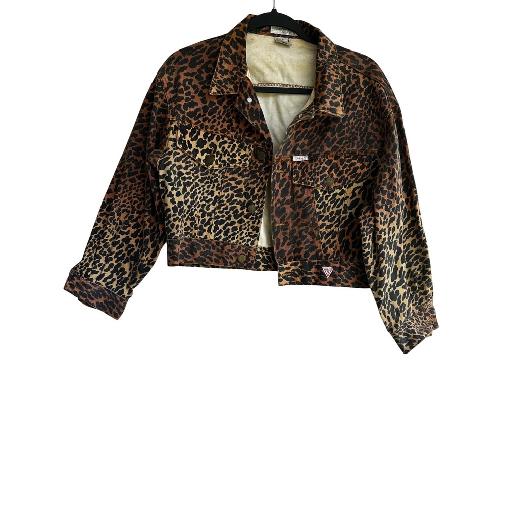 Vintage Guess Georges Marciano Leopard Print Cropped Denim Jacket Women Small